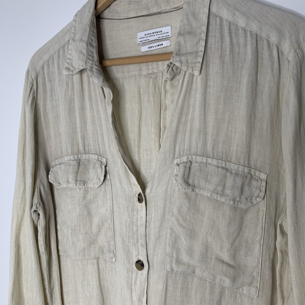 Zara 100% Linen Women's Size Large Long Sleeve Shirt Blouse Beige - Picture 3 of 5